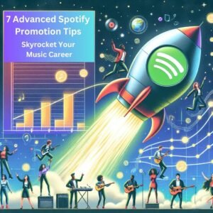 Text overlay on a vibrant image of a musician performing on stage: '7 Advanced Spotify Promotion Tips to Skyrocket Your Music Career.' The background features a dynamic crowd, colorful lights, and a close-up of a Spotify app interface on a smartphone screen