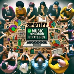 Music artists, and DJ's who are focusing on the topic of Spotify Promotion Strategies gathered around a large desk, looking at a computer and charts and graphs.