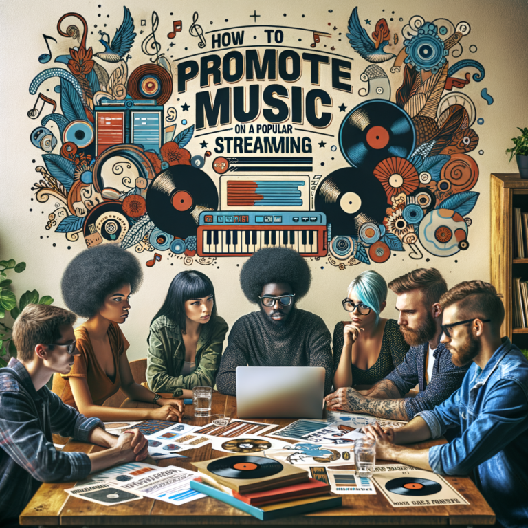 Music artists, gathered around a desk who are working on strategies on how to promote music on Spotify.